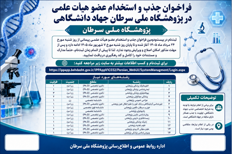 فراخوان جذب و استخدام عضو هیات علمی در پژوهشگاه ملی سرطان